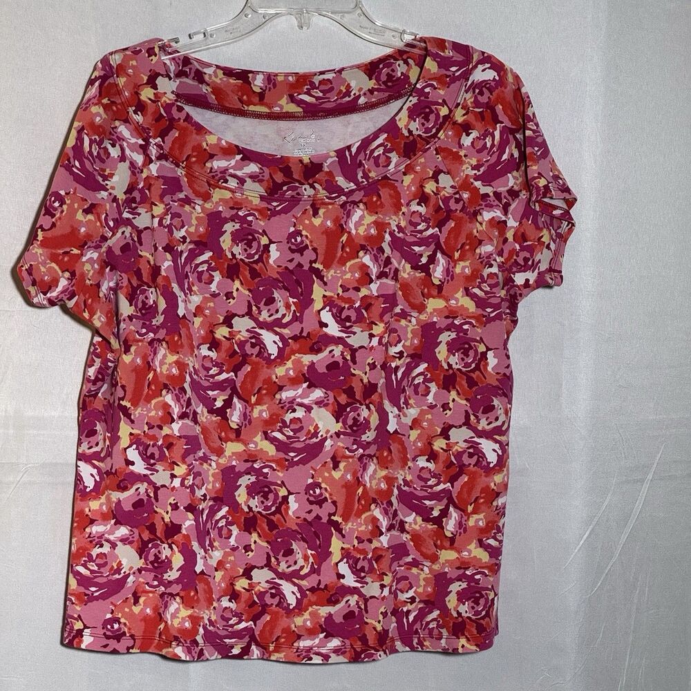 Kim Rogers 1X Pink Floral Short Sleeve 100% Cotton Top Blouse Casual Spring